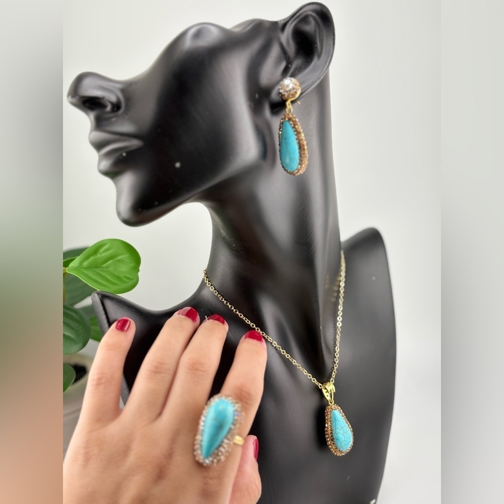 Turquoise Teardrop Jewelry Set โ Necklace, Earrings & Ring - Picture 12 of 15